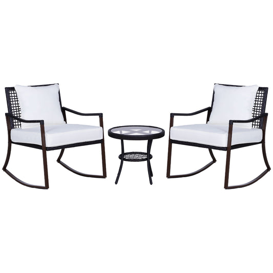 Outsunny Rattan Bistro Set, 3 Pieces Wicker Garden Furniture Set with Rocking Chairs and Round Glass Top Coffee Table, Small Balcony Furniture with Cushions for Outdoor, Porch, Brown