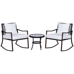 Outsunny Rattan Bistro Set, 3 Pieces Wicker Garden Furniture Set with Rocking Chairs and Round Glass Top Coffee Table, Small Balcony Furniture with Cushions for Outdoor, Porch, Brown