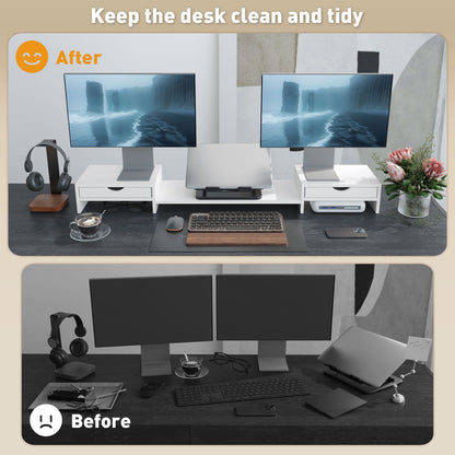 HOMCOM Dual Monitor Stand Riser with 2 Drawers, Adjustable Length and Angle, 116cm Monitor Riser for Laptop, Computer, PC, Small Printer, White