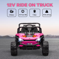 AIYAPLAY 12V Battery Powered Ride on Truck w/ Remote, Four Suspension Wheels, Horn, Lights, Music, USB, for Ages 3-5 Years, Pink