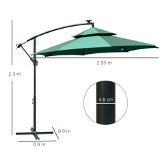 Outsunny 3(m) Cantilever Banana Parasol Hanging Umbrella with Double Roof, LED Solar lights, Crank, 8 Sturdy Ribs and Cross Base for Outdoor, Garden, Patio, Green