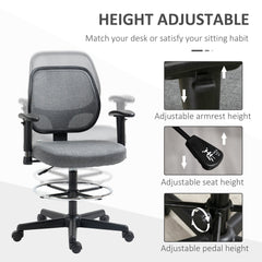 Vinsetto Drafting Chair, Fabric Office Chair, Ergonomic Painting Chair with Height Armrest Adjustable and Foot Ring, 360√Ç¬∞ Swivel Stool Chair for Standing Desk, Grey