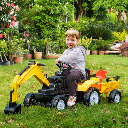 HOMCOM Kids Ride-On Construction Car, with Horn and Detachable Trailer - Yellow