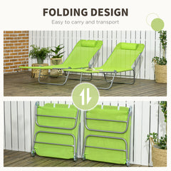 Outsunny Folding Sun Lounger Set of 2, Outdoor Day Beds with Pillow, Reclining Back, Steel Frame and Breathable Mesh for Beach, Yard, Patio, Green