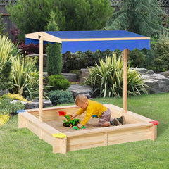 Outsunny Kids Wooden Sand Pit Children Square Sandbox Outdoor Playset Play Station Adjustable Canopy Bench Seat 120x120x120cm