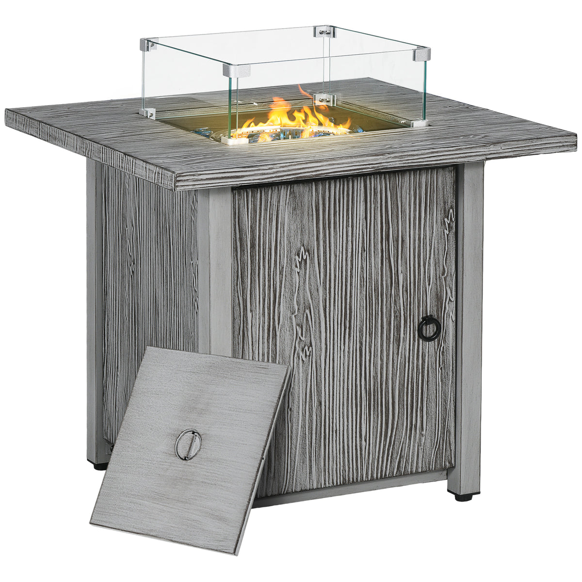 Outsunny 71cm 50,000 BTU Gas Fire Pit Table with Cover and Glass Screen - Grey