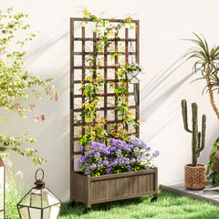 Outsunny Wooden Trellis Planter, Raised Garden Bed with Wheels and Bed Liner, to Climb and Grow Vegetables, Herbs and Flowers