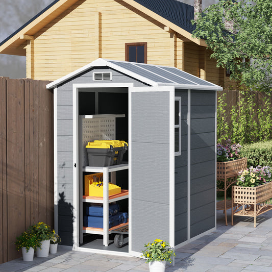 Outsunny 4 x 6ft Garden Shed, Plastic Shed with Floor, Window, Lockable Door and Vents, Resin Tool Shed for Outdoor Patio Storage, Zero Maintenance, Grey