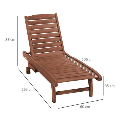 Outsunny Outdoor Wooden Lounger Chair, Sun Bed with Built-In Table, Adjustable Backrest and Wheels, Red Brown