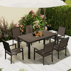 Outsunny 6 Seater Garden Dining Set with Stackable Chairs, Aluminium Frame, Rectangular Plastic Top, Garden Furniture Set, Outdoor Dining Table and Chairs for Patio, Balcony, Poolside, Brown