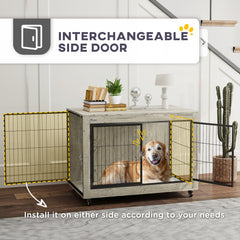 PawHut Dog Crate Furniture with Wheels, Double Doors, for Large Dogs, 100 x 60 x 73.5cm, Grey