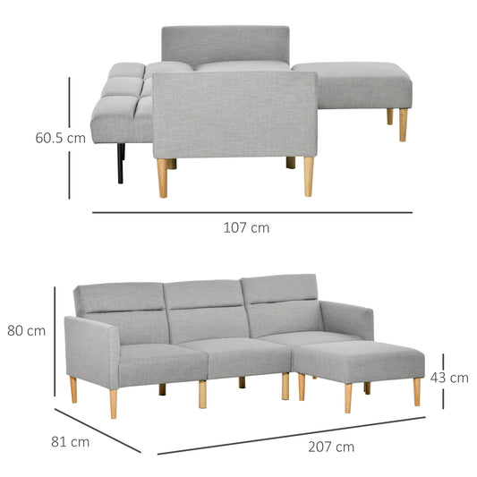 HOMCOM L Shape Sofa Bed Set, Linen Fabric Corner Sofa Bed with Rubber Wood Legs and Footstool, Light Grey