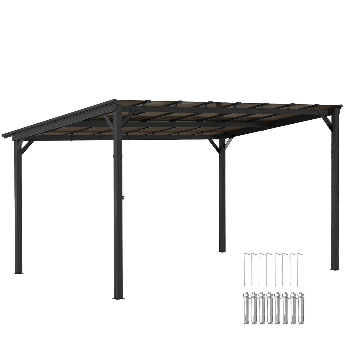 Outsunny 3 x 4.3m Metal Pergola with UPF 50+ and Waterproof Polycarbonate Roof, Wall-Mounted or Free Standing Garden Gazebo, Wind-resistant Outdoor Sun Shade, Dark Grey