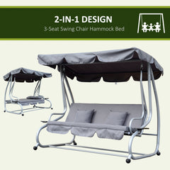 Outsunny 2-in-1 Garden Swing Seat Bed, 3 Seater Convertible Swing Chair Bench with Tilting Canopy, Cushioned Seat and 2 Pillows for Patio, Yard, Grey