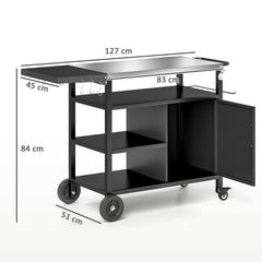 Outsunny Outdoor BBQ Trolley with Foldable Side Table, Stainless Steel Top, Outdoor Kitchen with Wheels Hooks Shelves Cabinet, Pizza Oven Table Movable Outdoor Grill Dining Cart with Cover, Black