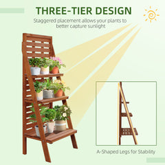 Outsunny Three-Tier Plant Stand, Wood Ladder Shelf for Flower Pot Display, Outdoor Indoor Organiser