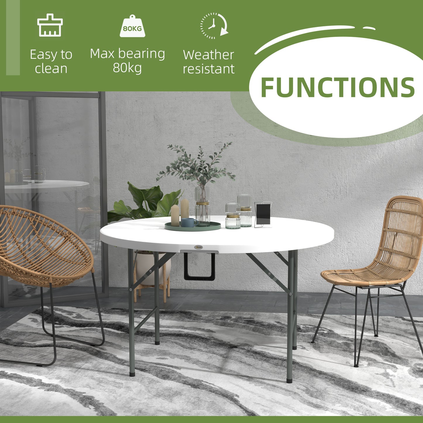 Outsunny Folding Garden Table, 122 cm Round HDPE Outdoor Picnic Table for 6, Metal Frame for Patio, Park, White