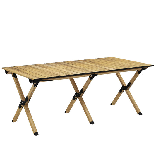 Outsunny Portable Camping Table, 4ft Aluminium Folding Table with Roll-Up Top, Picnic Table for Indoor, Outdoor, Party, BBQ, Beach, Natural Wood Effect