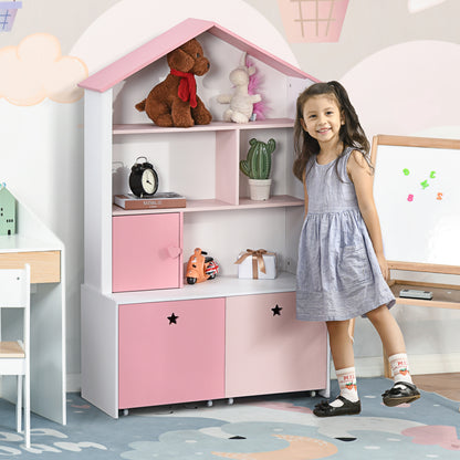 HOMCOM Kids Bookshelf Chest w/ Drawer with Wheels Baby Toy Wood Organizer Display Stand Storage Cabinet 80x34x130cm Pink