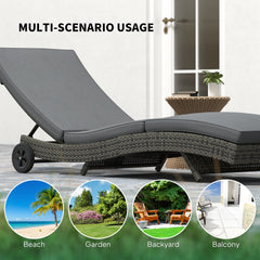 Outsunny Patio Wicker Chaise Lounge Chair, Outdoor PE Rattan Sun Lounger with Adjustable Backrest and 2 Wheels, Dark Grey