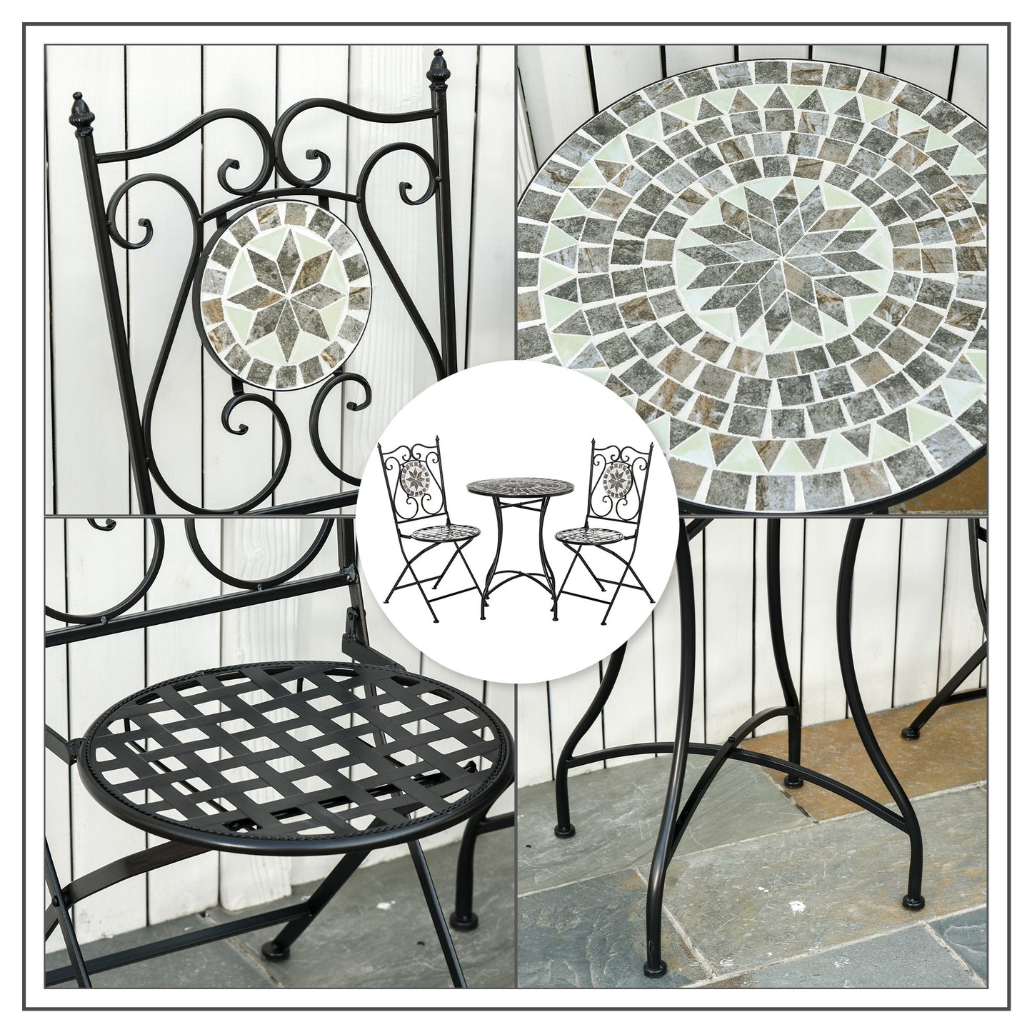 Outsunny 3 Pcs Mosaic Tile Garden Bistro Set Outdoor Seating w/ Table 2 Folding Chairs Set Metal Frame Elegant Scrolling Indoor Patio Balcony