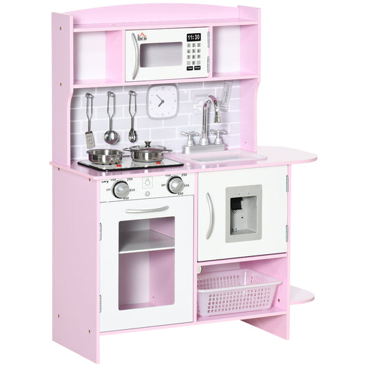 HOMCOM Kids Kitchen Playset, with Lights, Sounds, Microwave, Sink and Storage - Pink