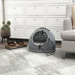 PawHut Wicker Pet Carrier Basket Cat Kitten Bed Portable Travel Cage w/ Soft Cushion Handle Grey 50 x 40 x 40 cm