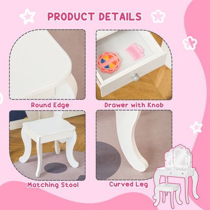 HOMCOM Kids Vanity Table and Chair Set with Tri-Folding Mirror and Stool, Makeup Dressing Table with Drawer, White
