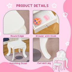 HOMCOM Kids Vanity Table & Stool Girls Dressing Set Make Up Desk Chair Dresser Play Set with Rotatable Mirrors Drawer Star & Heart Pattern White