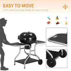 Outsunny Portable Charcoal Kettle Grill Outdoor Barbecue Trolley BBQ Heat Smoker Grilling with 2 Wheels, Storage Shelf and 4 Hooks, Free Standing, Black