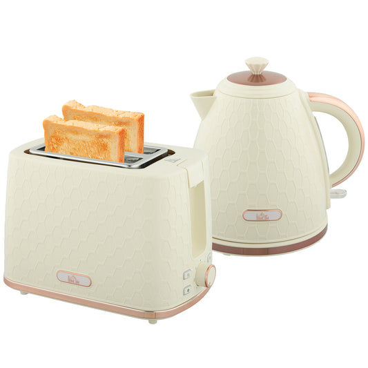 HOMCOM 1.7L 3000W Fast Boil Kettle & 2 Slice Toaster Set, Kettle and Toaster Set with Auto Shut Off, Browning Controls, Beige