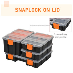 DURHAND Set Of 4 Plastic DIY Tool Storage Boxes w/ Inside Dividers Locking Lids Home Garage Organisation Stacking Arts Crafts Bolts Black Orange