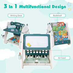 3 in 1 Kids Art Easel and Stool with Multi-Layer Book Rack-Green