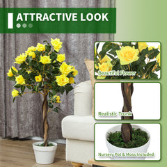 Outsunny Set of 2 Artificial Plants White Rose Floral in Pot, Fake Plants for Home Indoor Outdoor Decor, 90cm, Yellow