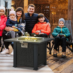 Outsunny Outdoor PE Rattan Gas Fire Pit Table, Patio Square Propane Heater with Marble Desktop, Rain Cover, Glass Windscreen, and Glass Stones, 50,000 BTU, Black