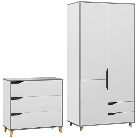 HOMCOM Bedroom Furniture Set, Wardrobe with Hanging Rail, 3 Drawer Chest of Drawers with Cut-out Handles, Grey and White