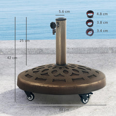 Outsunny 21kg Resin Garden Parasol Base with Wheels, Round Umbrella Stand, Heavy Duty Sun Umbrella Base for 34, 38, 48 mm Umbrella Poles for Deck Poolside, Bronze Tone