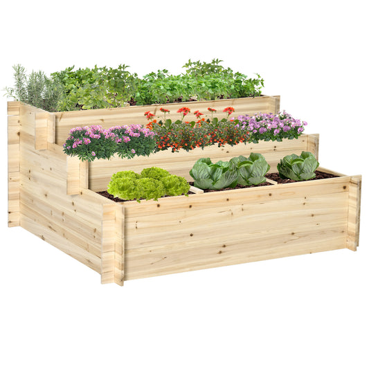 Outsunny 117cm x 100cm x 54cm 3 Tier Raised Garden Bed 376L Fir Wood Elevated Planter Flower Box with 9 Grow Grids and Non-woven Fabric for Vegetables, Flower, Herb Outdoor Indoor Use