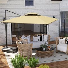 Outsunny Cantilever Parasol with Weighted Base Double Top Garden Parasol Square Hanging Patio Umbrella with Crank Tilt Khaki