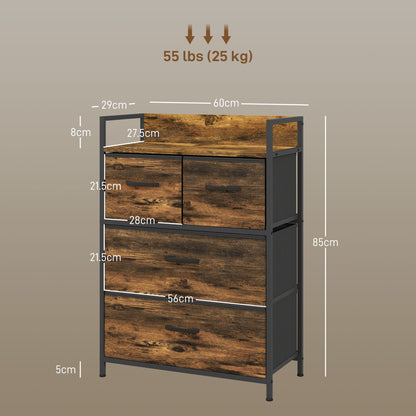 HOMCOM Rustic Chest of Four Fabric Drawers - Rustic Brown