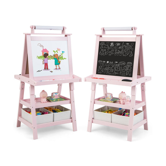 Children's Double-Sided Art Easel with Paper Roll-Pink