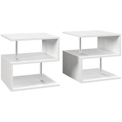 HOMCOM Wooden S Shape Cube Coffee Table 2 Tier Storage Shelves Organiser Office Bookcase Living Room End Desk Stand Display Set of 2 (White)