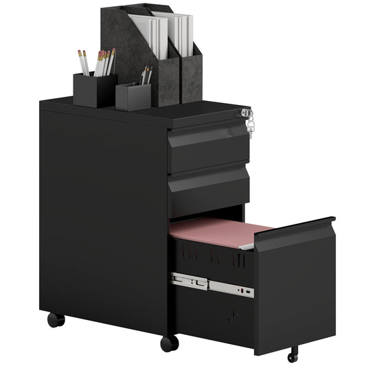 Vinsetto 3-Drawer Steel Filing Cabinet with Lock and Wheels - Black