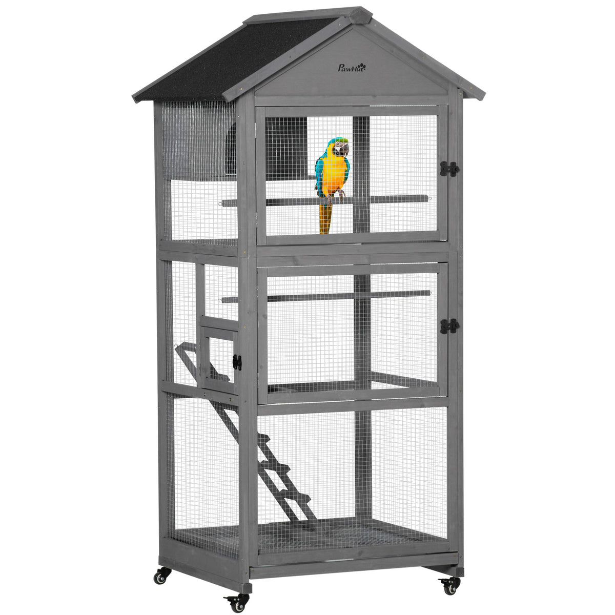 PawHut Bird Cage budgie cage Wooden Outdoor Aviary with Wheels for Canary Finch with Asphalt Roof Perch Nest Ladder Slide-out Tray, Grey