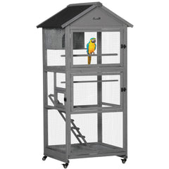 PawHut Bird Cage budgie cage Wooden Outdoor Aviary with Wheels for Canary Finch with Asphalt Roof Perch Nest Ladder Slide-out Tray, Grey