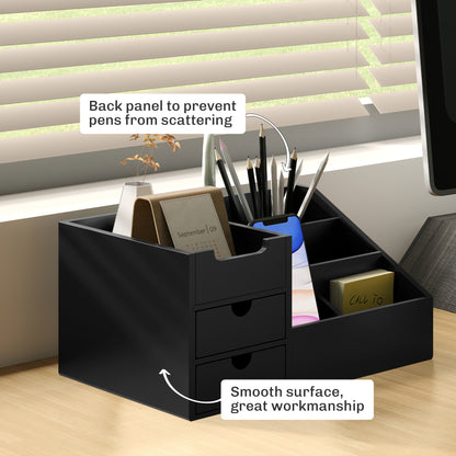 HOMCOM Desk Organiser Holder, Bamboo Multi-Function Storage Caddy with 7 Storage Compartments and 2 Drawers for Home Office Stationary Supplies, Black
