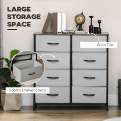 HOMCOM Fabric Chest of Drawers, Storage Drawers, Industrial Bedroom Dresser with 8 Fabric Drawers, Steel Frame and Wooden Top for Nursery, Living Room, Hallway, Grey