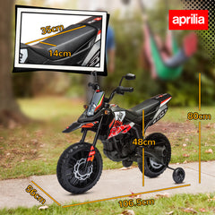 دراجة نارية مرخصة للأطفال من AIYAPLAY بقوة 12 فولت من Aprilia مع عجلات تدريب، ونظام تعليق زنبركي، وإضاءة LED، وUSB، وموسيقى، باللون الأحمر