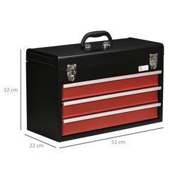 DURHAND 3 Drawer Tool Chest, Lockable Metal Tool Box with Ball Bearing Runners, Portable Toolbox, 510mm x 220mm x 320mm, Black