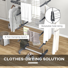 HOMCOM Four-Shelf Collapsing Clothes Horse, With Side Arms and Wheels - Grey